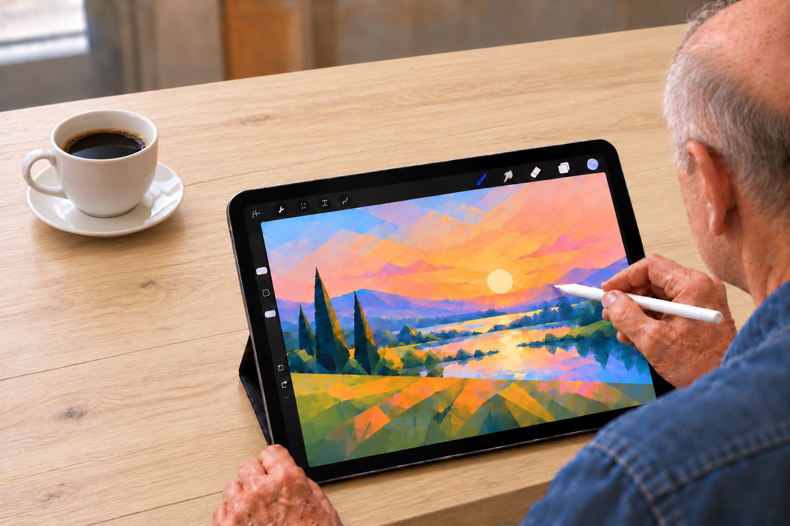 Licht eikenhouten bureau met iPad en koffie